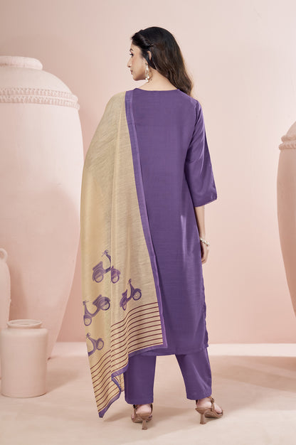Purple Cotton Flared Calf-Length Kurta with Pant & Cream Chanderi Printed Dupatta
