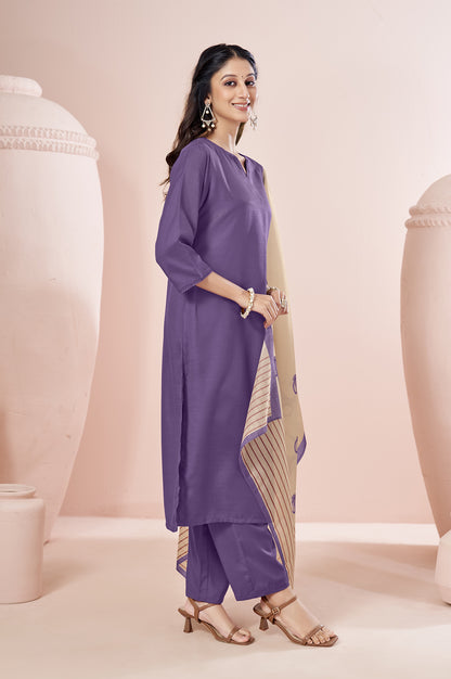 Purple Cotton Flared Calf-Length Kurta with Pant & Cream Chanderi Printed Dupatta
