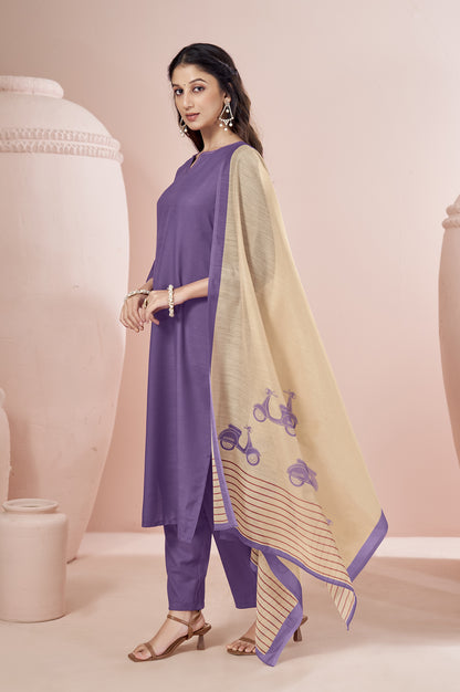 Purple Cotton Flared Calf-Length Kurta with Pant & Cream Chanderi Printed Dupatta