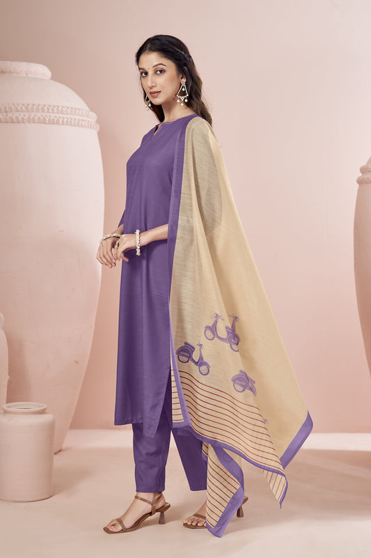 Purple Cotton Flared Calf-Length Kurta with Pant & Cream Chanderi Printed Dupatta