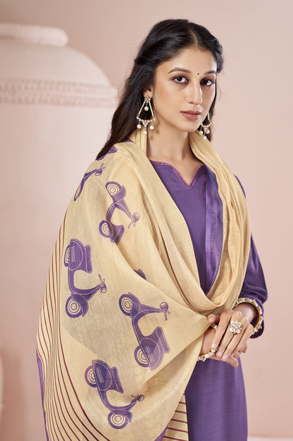 Purple Cotton Flared Calf-Length Kurta with Pant & Cream Chanderi Printed Dupatta