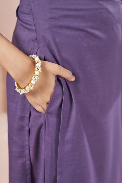 Purple Cotton Flared Calf-Length Kurta with Pant & Cream Chanderi Printed Dupatta