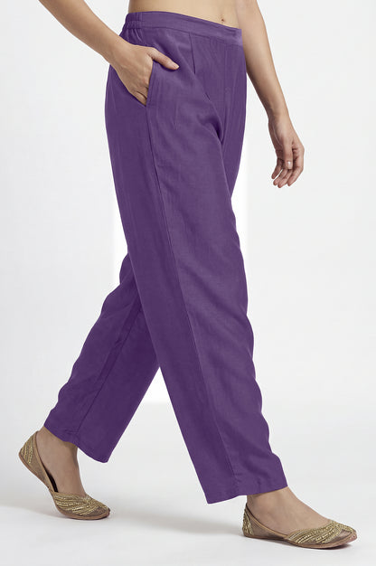 Purple Cotton Flared Calf-Length Kurta with Pant & Cream Chanderi Printed Dupatta