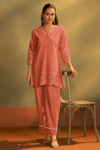 Women’s Pure Cotton Rust Schiffli Co-Ord Set