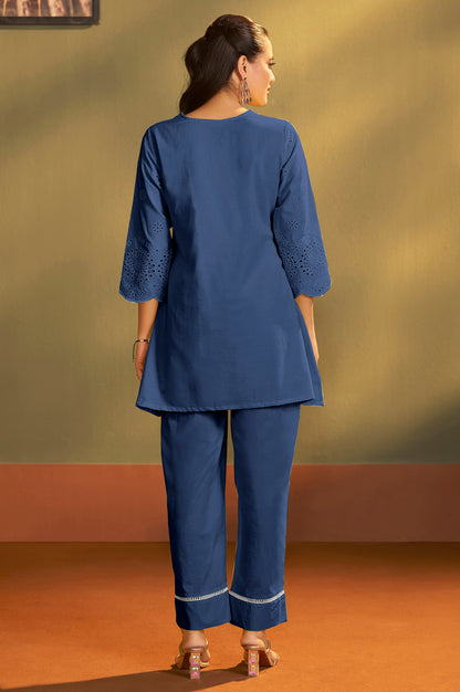 Women’s Pure Cotton Dark Blue Schiffli Co-Ord Set