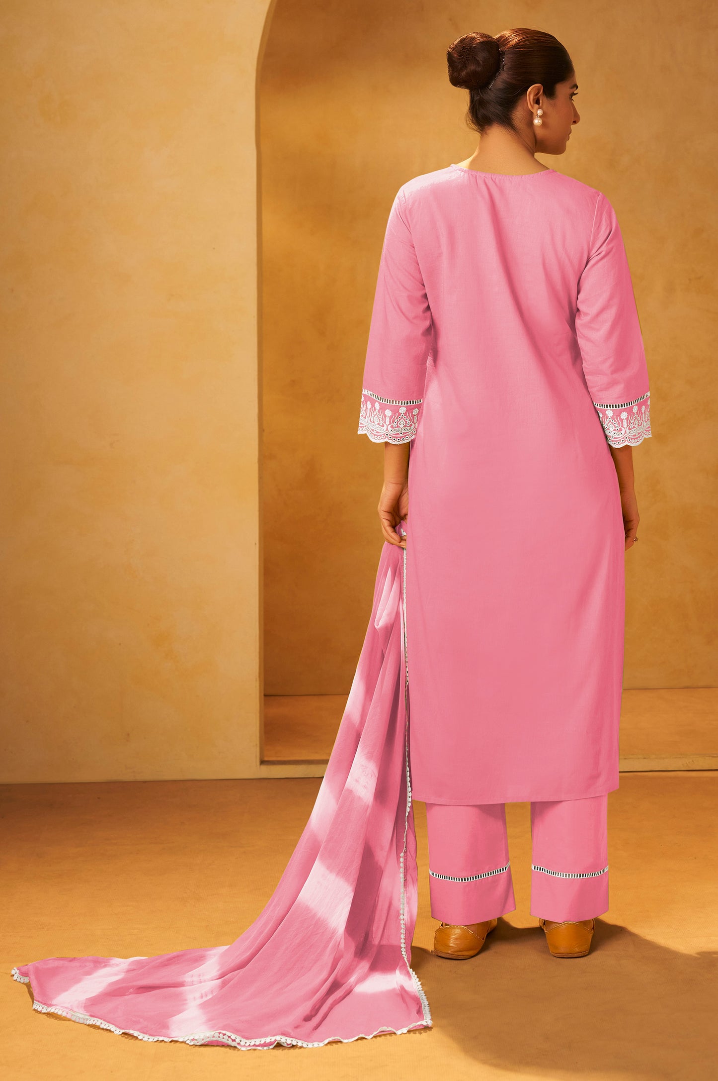 Pink Pure Cotton Schiffli Embroidered Straight Kurta Set Dupatta