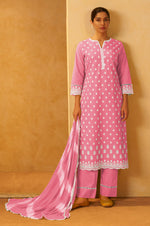 Pink Pure Cotton Schiffli Embroidered Straight Kurta Set Dupatta