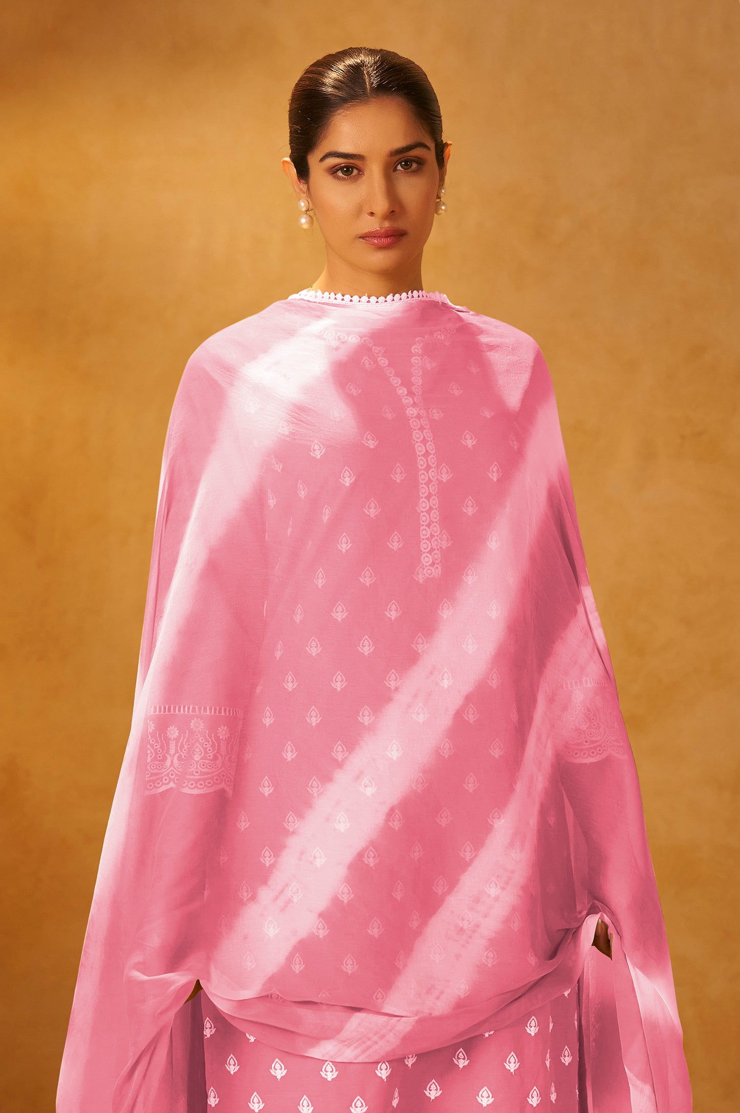 Pink Pure Cotton Schiffli Embroidered Straight Kurta Set Dupatta