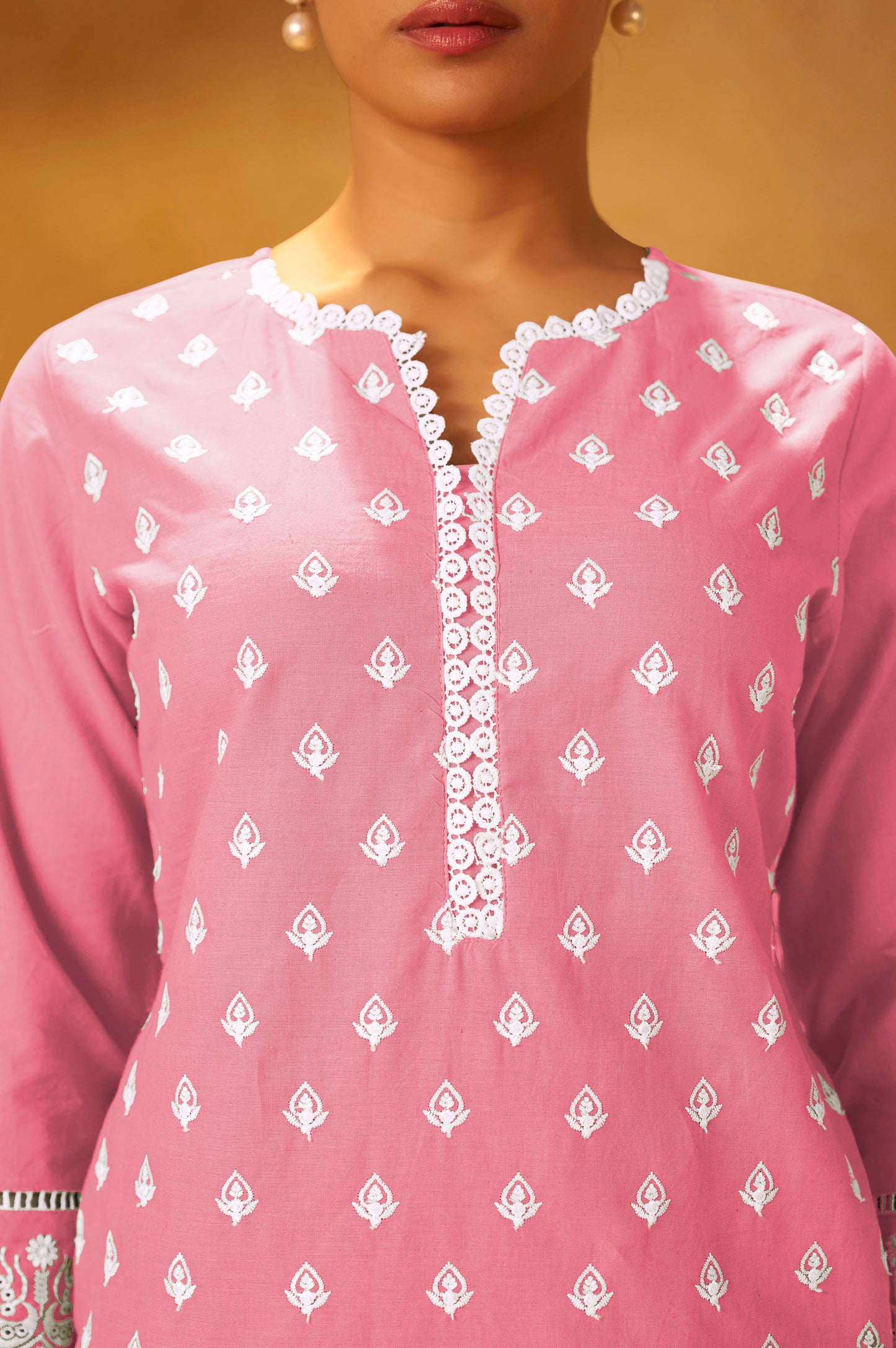 Pink Pure Cotton Schiffli Embroidered Straight Kurta Set Dupatta