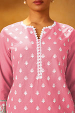 Pink Pure Cotton Schiffli Embroidered Straight Kurta Set Dupatta