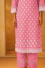 Pink Pure Cotton Schiffli Embroidered Straight Kurta Set Dupatta