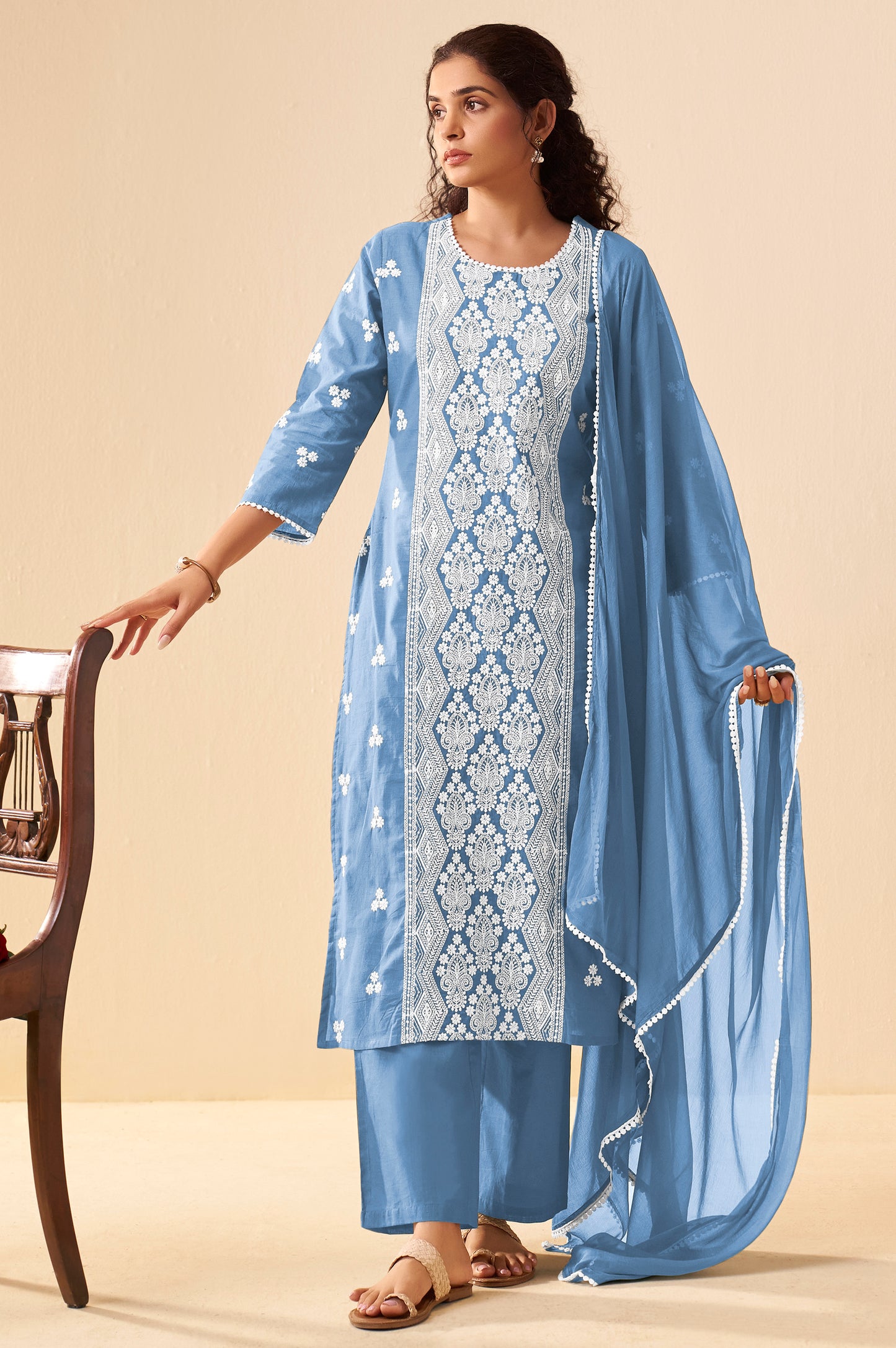 Sky Blue Pure Cotton Schiffli Embroidered Straight Kurta Set with Cotton Pants, Inner & Najmin Chiffon Dupatta