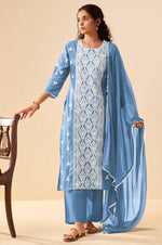 Sky Blue Pure Cotton Schiffli Embroidered Straight Kurta Set with Cotton Pants, Inner & Najmin Chiffon Dupatta