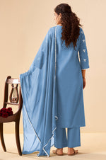 Sky Blue Pure Cotton Schiffli Embroidered Straight Kurta Set with Cotton Pants, Inner & Najmin Chiffon Dupatta