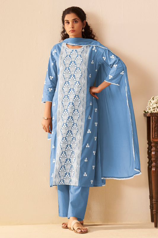 Sky Blue Pure Cotton Schiffli Embroidered Straight Kurta Set with Cotton Pants, Inner & Najmin Chiffon Dupatta