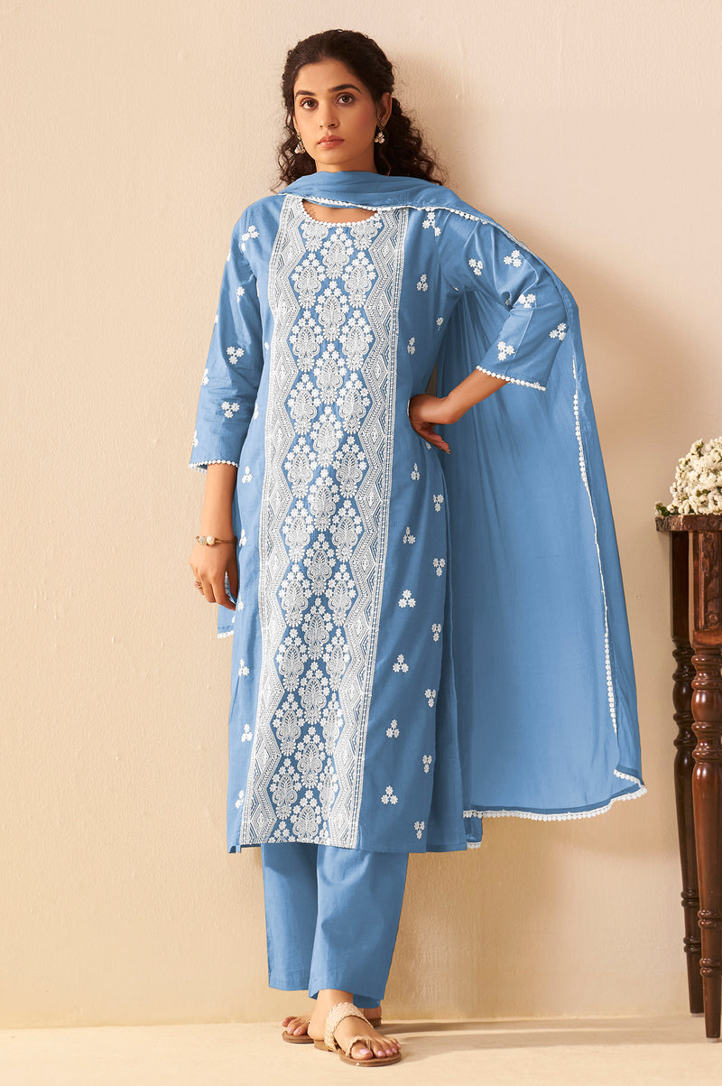 Sky Blue Pure Cotton Schiffli Embroidered Straight Kurta Set with Cotton Pants, Inner & Najmin Chiffon Dupatta