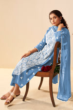 Sky Blue Pure Cotton Schiffli Embroidered Straight Kurta Set with Cotton Pants, Inner & Najmin Chiffon Dupatta