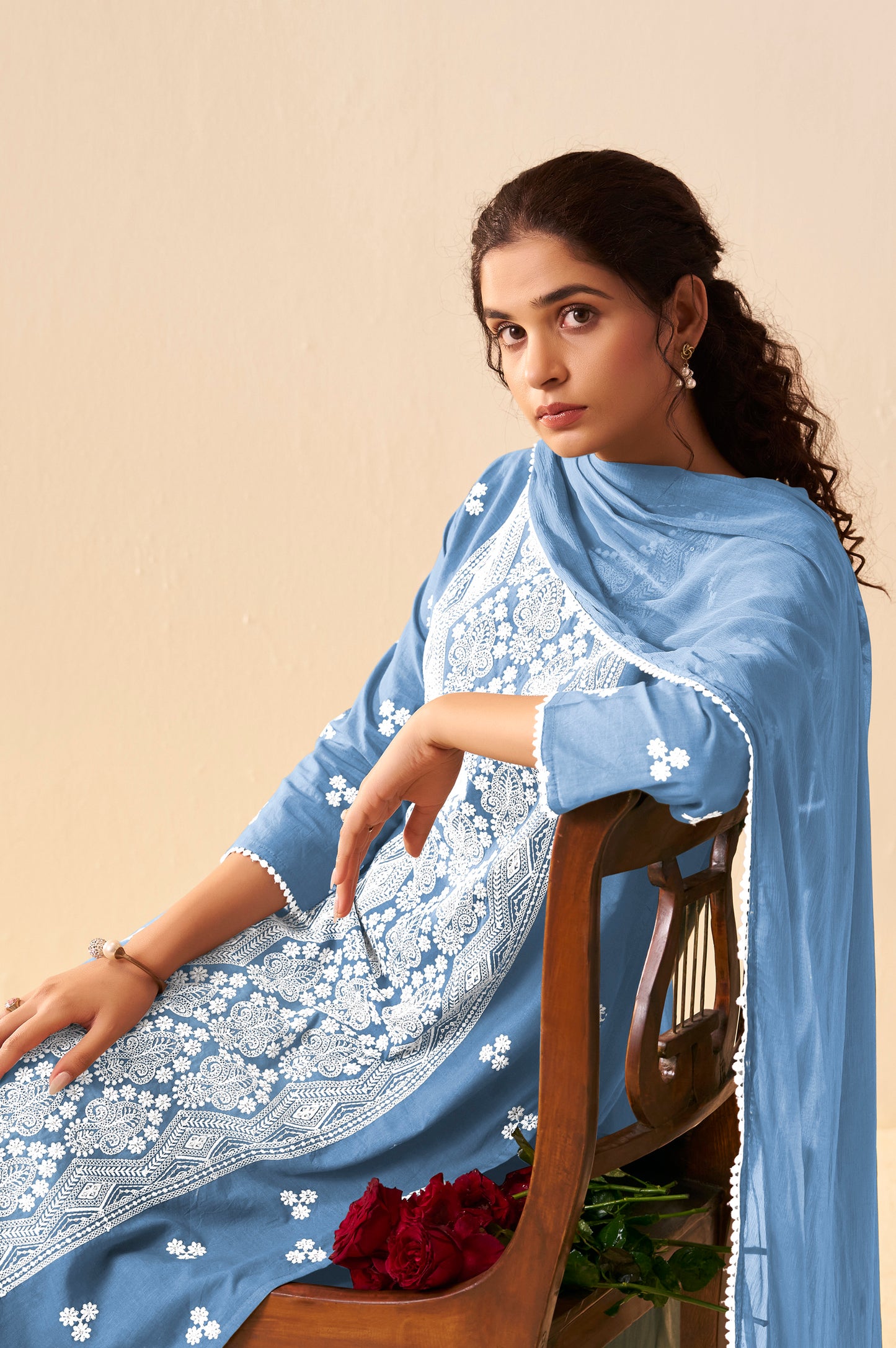 Sky Blue Pure Cotton Schiffli Embroidered Straight Kurta Set with Cotton Pants, Inner & Najmin Chiffon Dupatta
