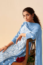 Sky Blue Pure Cotton Schiffli Embroidered Straight Kurta Set with Cotton Pants, Inner & Najmin Chiffon Dupatta