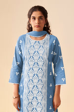 Sky Blue Pure Cotton Schiffli Embroidered Straight Kurta Set with Cotton Pants, Inner & Najmin Chiffon Dupatta