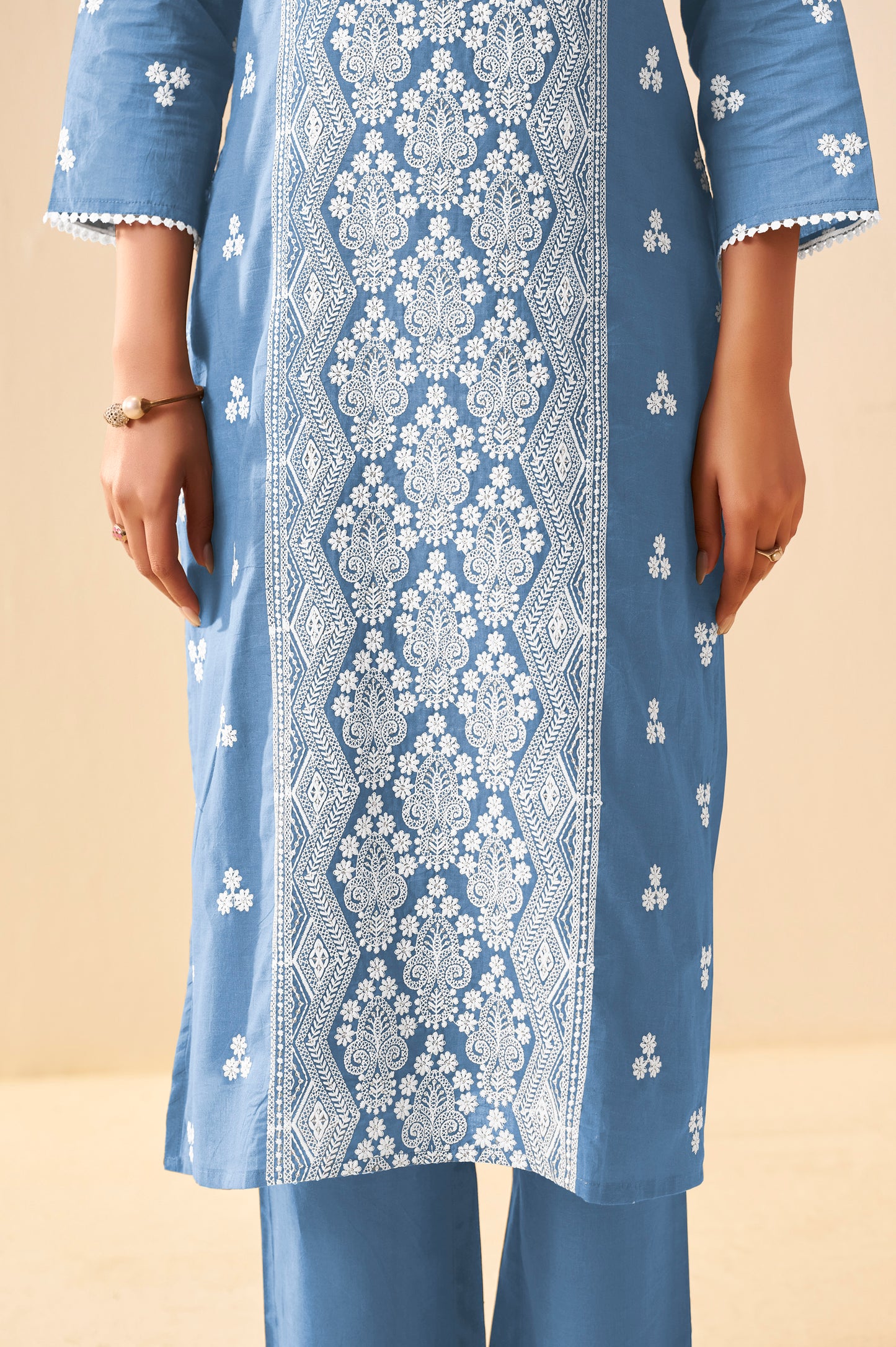 Sky Blue Pure Cotton Schiffli Embroidered Straight Kurta Set with Cotton Pants, Inner & Najmin Chiffon Dupatta