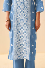 Sky Blue Pure Cotton Schiffli Embroidered Straight Kurta Set with Cotton Pants, Inner & Najmin Chiffon Dupatta
