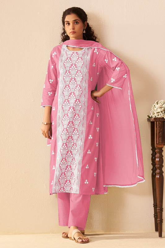 Pink Pure Cotton Schiffli Embroidered Straight Kurta Set