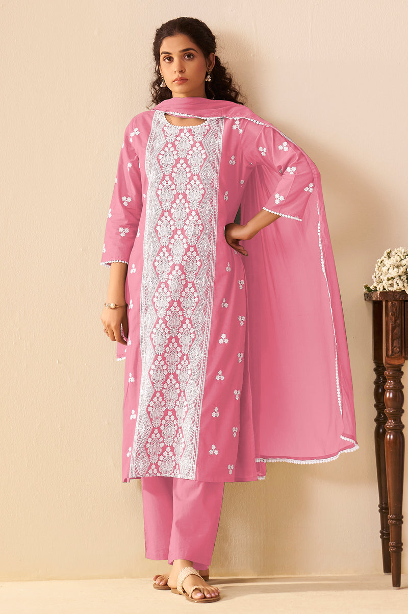 Pink Pure Cotton Schiffli Embroidered Straight Kurta Set
