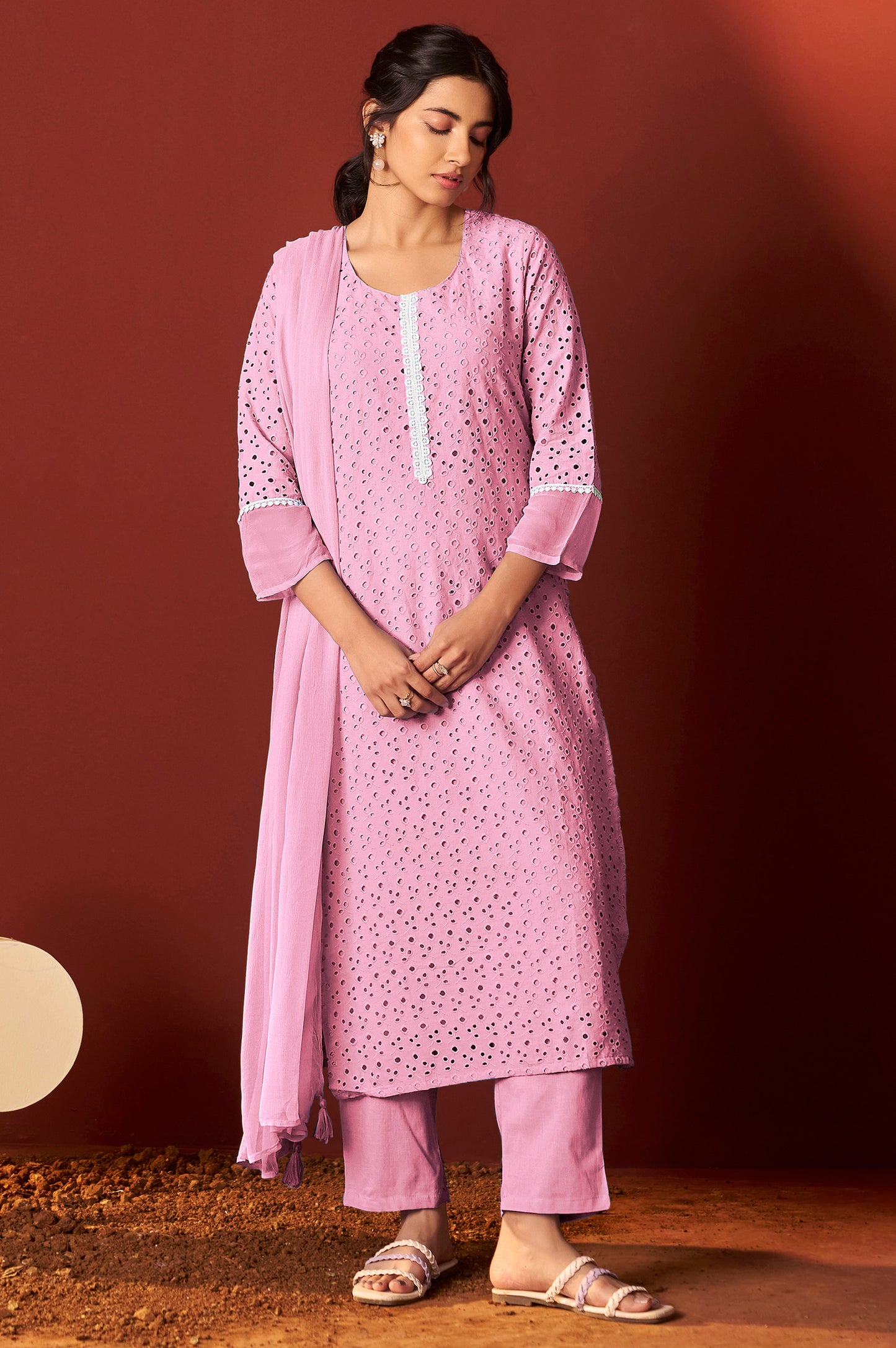Pink Pure Cotton Schiffly Work Kurta Set With Dupatta For Women