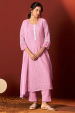 Pink Pure Cotton Schiffly Work Kurta Set With Dupatta For Women