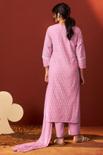 Pink Pure Cotton Schiffly Work Kurta Set With Dupatta For Women