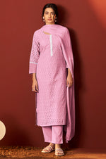Pink Pure Cotton Schiffly Work Kurta Set With Dupatta For Women