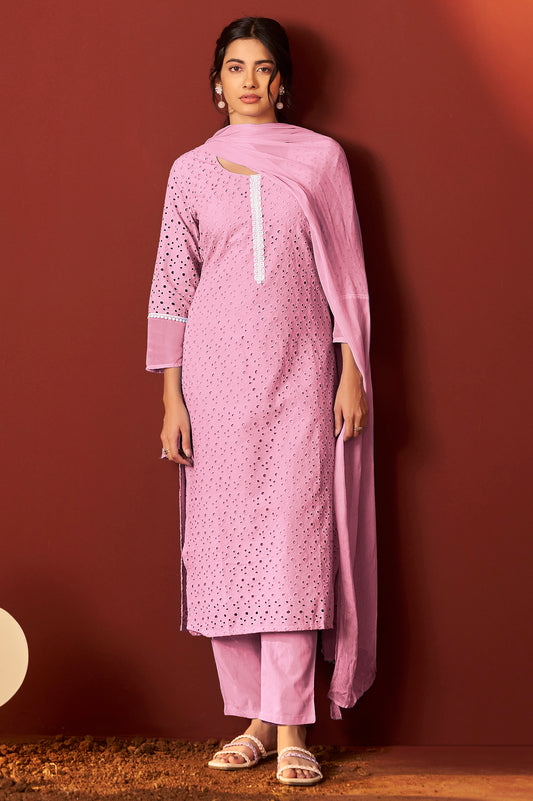 Pink Pure Cotton Schiffly Work Kurta Set With Dupatta For Women