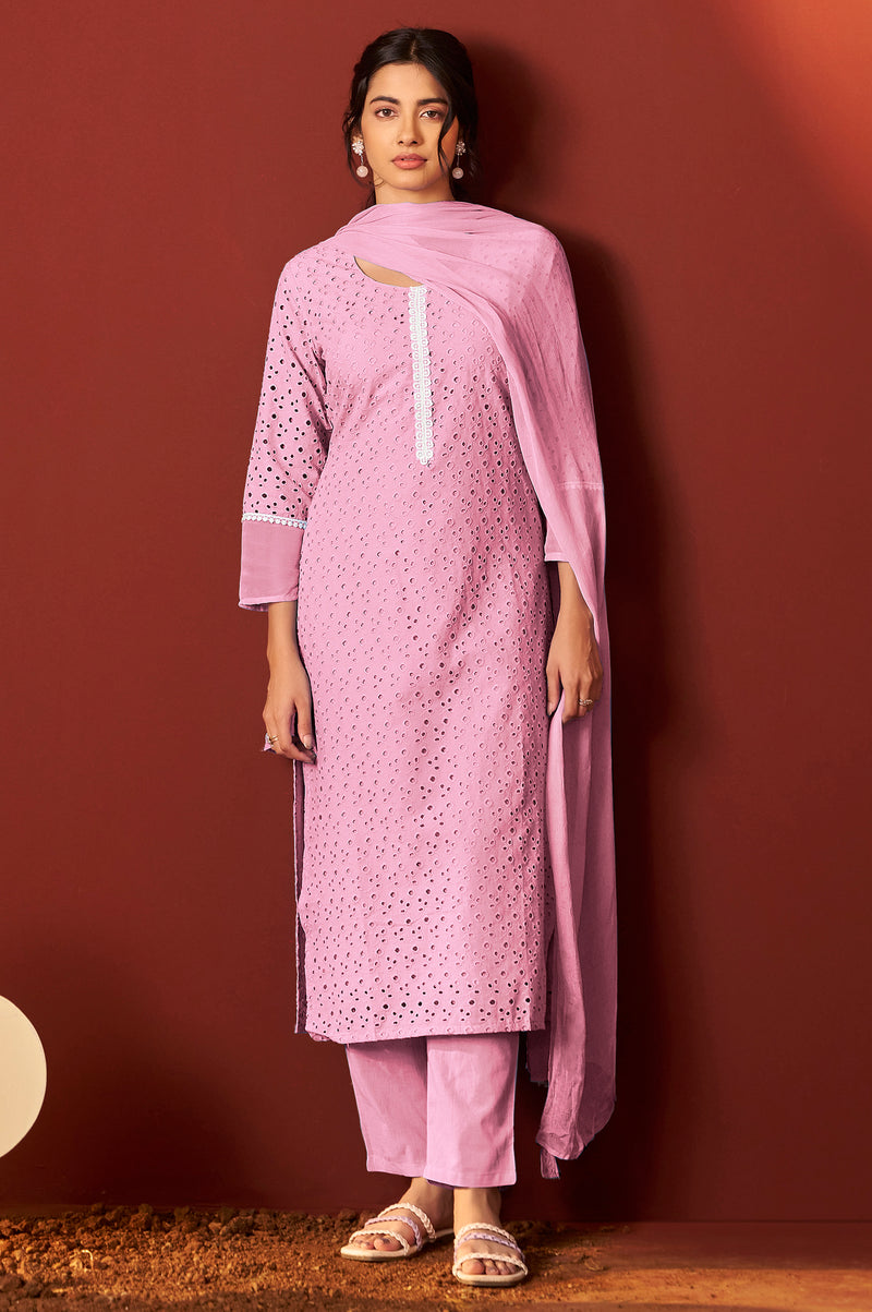 Pink Pure Cotton Schiffly Work Kurta Set With Dupatta For Women