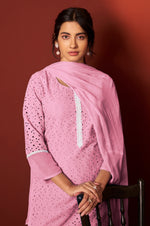 Pink Pure Cotton Schiffly Work Kurta Set With Dupatta For Women