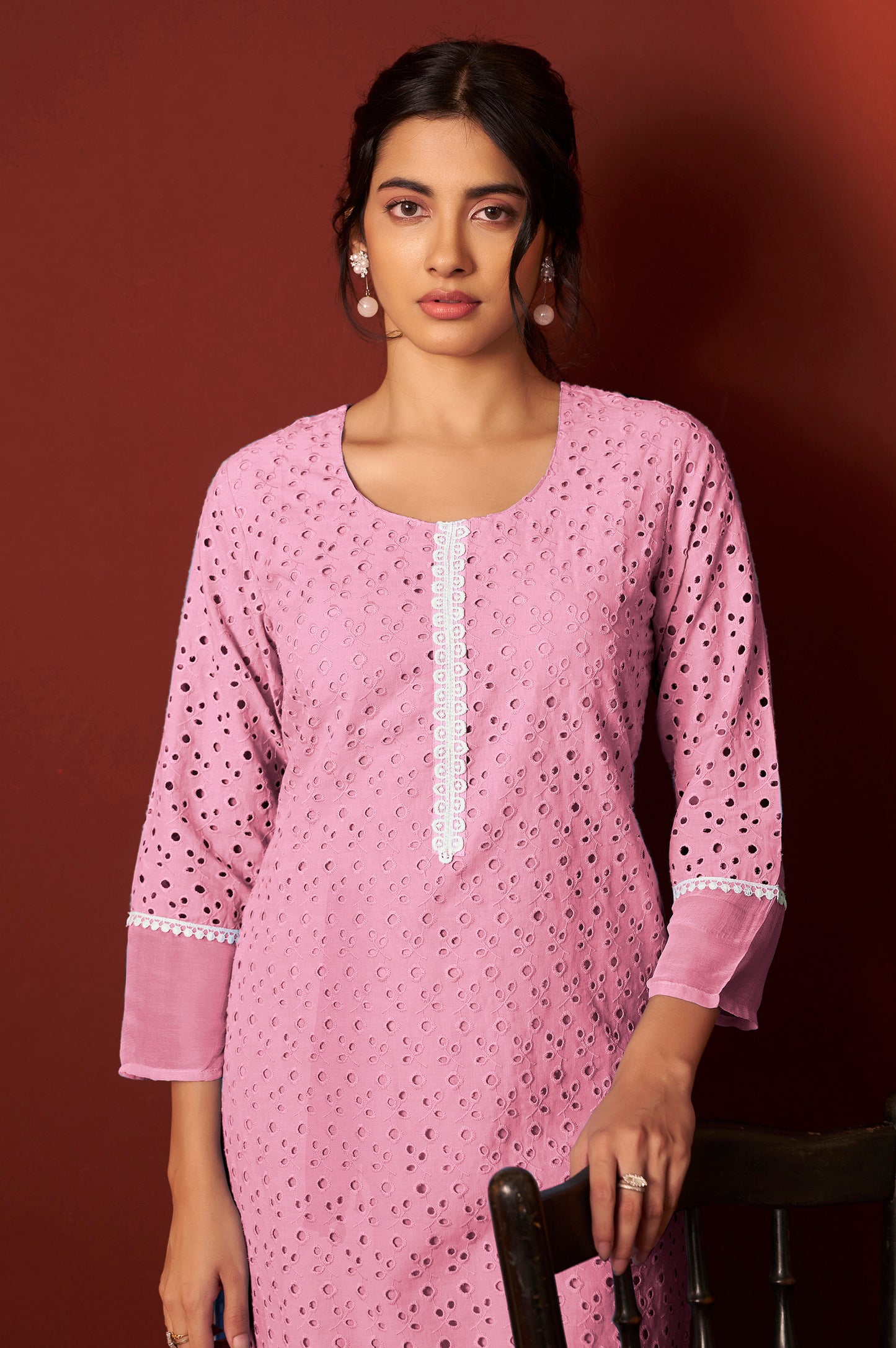 Pink Pure Cotton Schiffly Work Kurta Set With Dupatta For Women
