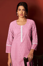 Pink Pure Cotton Schiffly Work Kurta Set With Dupatta For Women