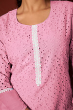 Pink Pure Cotton Schiffly Work Kurta Set With Dupatta For Women