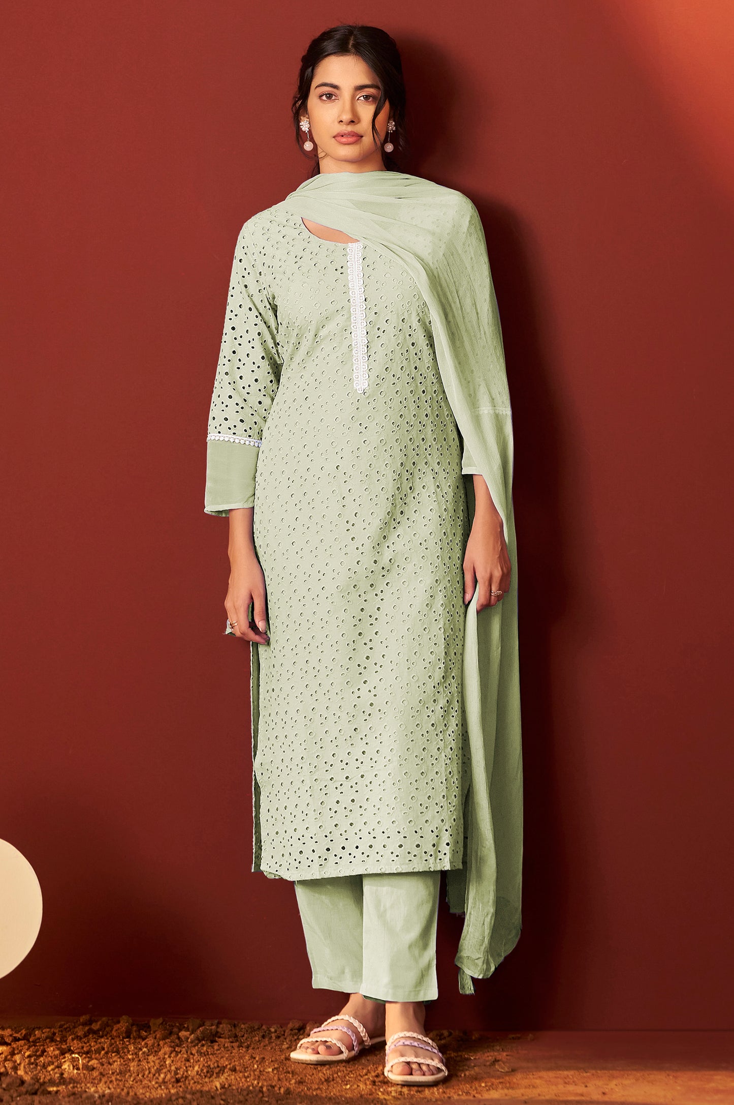 Pista Green Pure Cotton Schiffly Work Kurta Set With Dupatta For Women