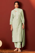 Pista Green Pure Cotton Schiffly Work Kurta Set With Dupatta For Women