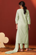Pista Green Pure Cotton Schiffly Work Kurta Set With Dupatta For Women