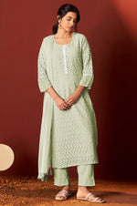 Pista Green Pure Cotton Schiffly Work Kurta Set With Dupatta For Women