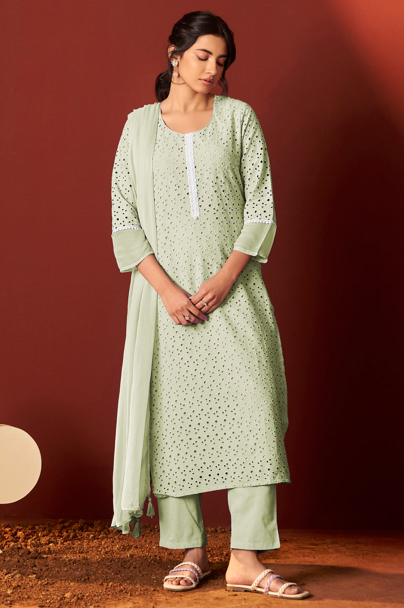 Pista Green Pure Cotton Schiffly Work Kurta Set With Dupatta For Women