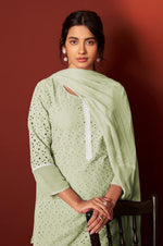 Pista Green Pure Cotton Schiffly Work Kurta Set With Dupatta For Women