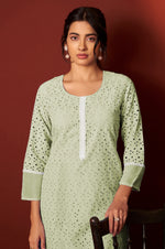 Pista Green Pure Cotton Schiffly Work Kurta Set With Dupatta For Women