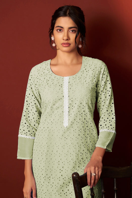 Pista Green Pure Cotton Schiffly Work Kurta Set With Dupatta For Women