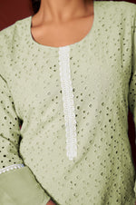 Pista Green Pure Cotton Schiffly Work Kurta Set With Dupatta For Women