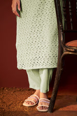 Pista Green Pure Cotton Schiffly Work Kurta Set With Dupatta For Women