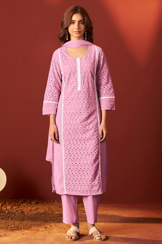 Pink Pure Cotton Schiffly Kurta Set with Dupatta For Women