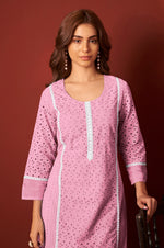Pink Pure Cotton Schiffly Kurta Set with Dupatta For Women